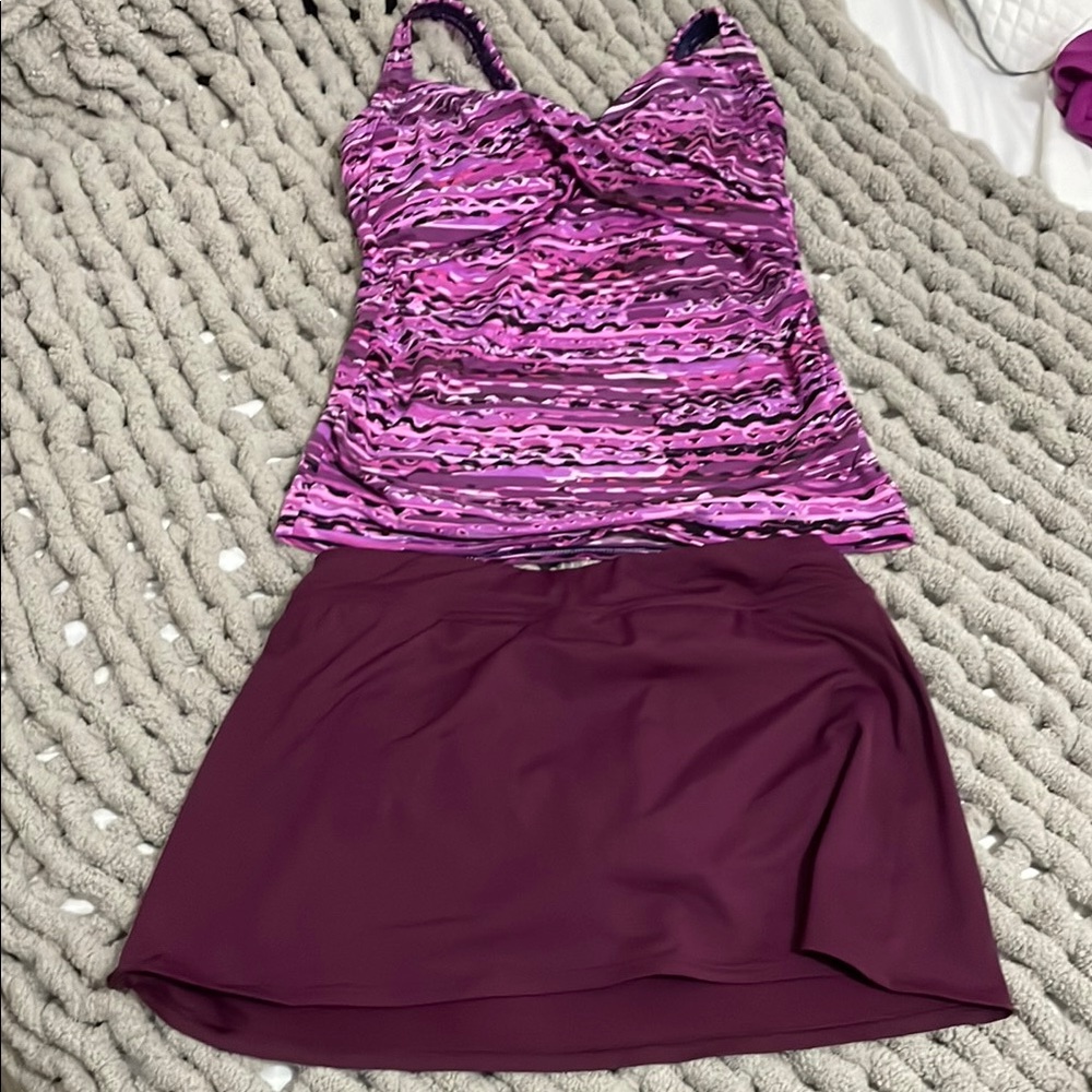 Lands' End tankini and Burgundy Skater Mini Skirt for Casual Wear